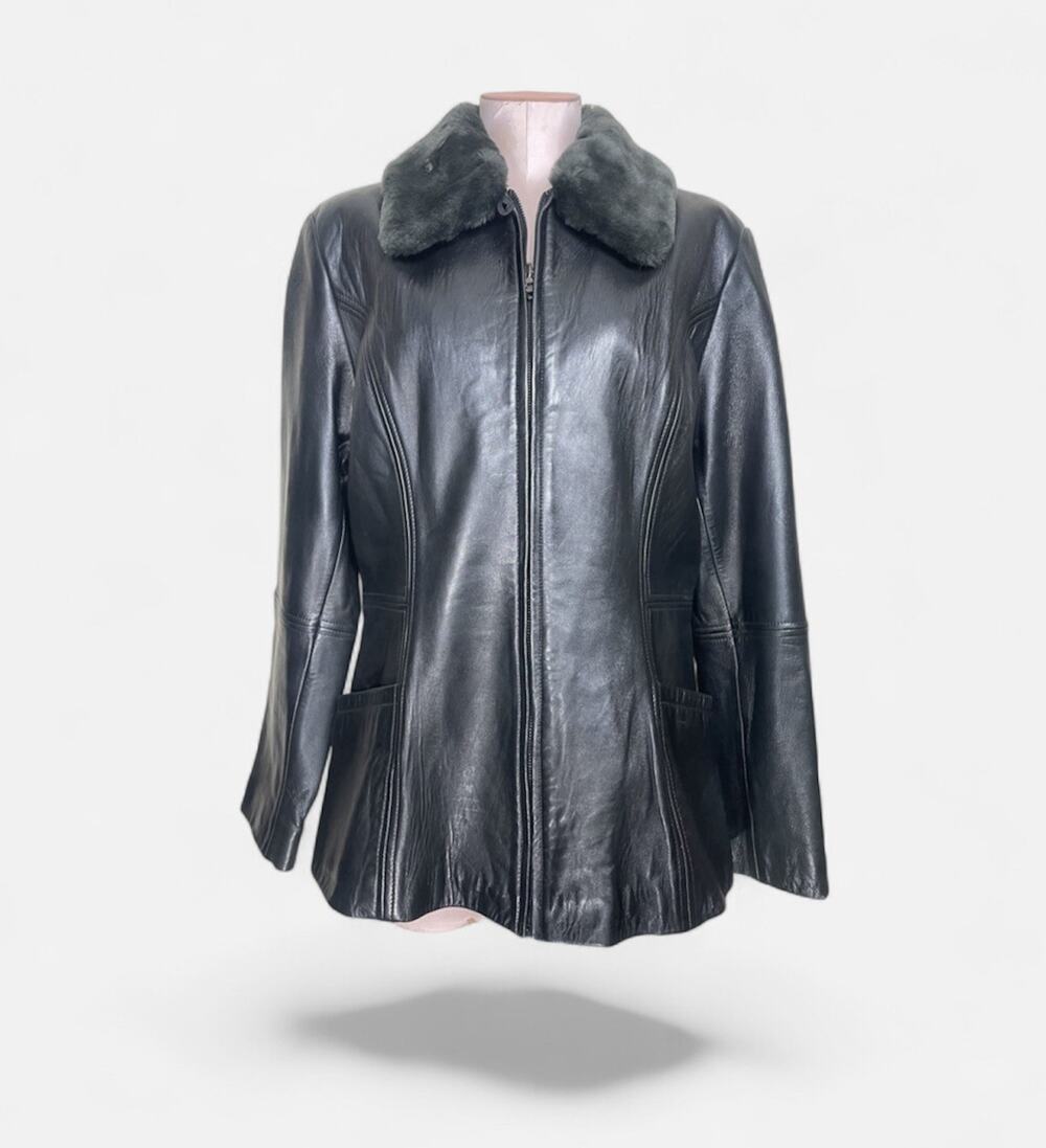 Vintage Jones New York Black Leather Jacket Womens L Removable Fur Collar 90sY2K